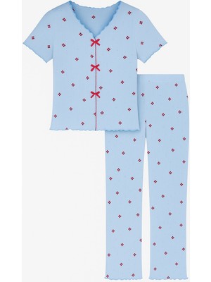 Kadın Kısa Kollu Fiyonklu Fitilli Pijama Takımı