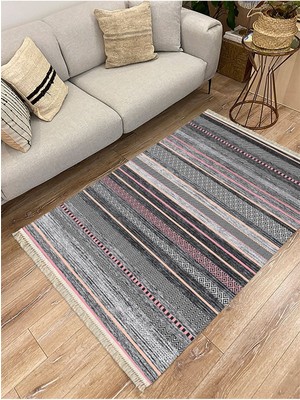 Cotton Serisi Multy Tonlarında Baklava ve Düz Çizgili Eskitme Desen Dekoratif Dokuma Taban Kilim