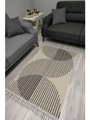 Cotton Serisi Gri Tonlarında Dairesel Düz Çizgili Etnik Desen Dekoratif Dokuma Taban Kilim