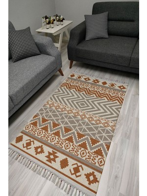 Cotton Serisi Kahve ve Gri Tonlarında Otantik Geometrik Desenli Dekoratif Dokuma Taban Kilim
