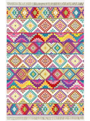 Cotton Serisi Multy Tonlarında Baklavalı Desen Dekoratif Dokuma Taban Kilim