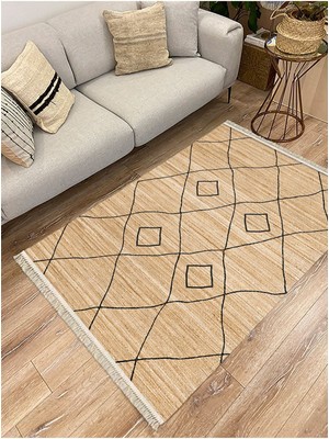 Cotton Serisi Hasır Görümülü Siyah Baklava Eskitme Otantik Desenli Dekoratif Dokuma Taban Kilim