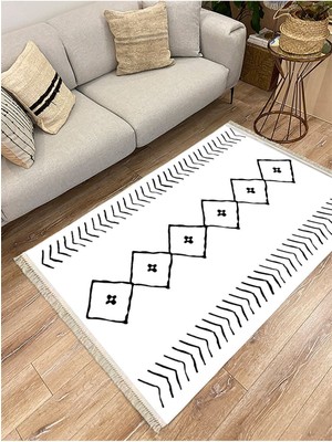Cotton Serisi Beyaz Siyah Naturel Orta Çağ Desen Dekoratif Dokuma Taban Kilim