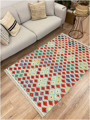 Cotton Serisi Renkli Geometrik Baklava Desenli Dekoratif Dokuma Taban Kilim