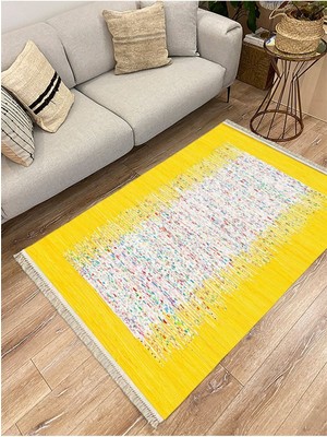 Cotton Serisi Sarı Rengi Ortası Su Yolu Eskitme Modern Desen Dekoratif Dokuma Taban Kilim