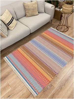 Cotton Serisi Hasır Görünümlü Multy Tonlarında Modern Desen Dekoratif Dokuma Taban Kilim