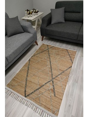 Cotton Serisi Gri ve Kahve Tonlarında Eskitme Otantik Desen Dekoratif Dokuma Taban Kilim