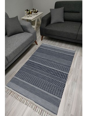 Cotton Serisi Lacivet Taban Üstünde Beyaz Geometrik Otantik Dekoratif Dokuma Taban Kilim
