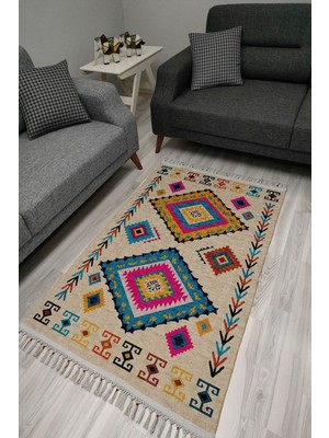 Cotton Serisi Multy Tonlarında Otantik Etnik Geometrik Desenli Dekoratif Dokuma Taban Kilim