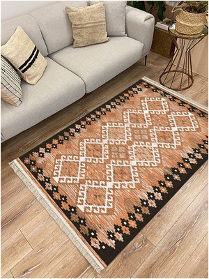 Cotton Serisi Kahve Tonlarında Bordürlü Baklava Eskitme Desen Dekoratif Dokuma Taban Kilim