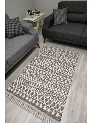 Cotton Serisi Beyaz ve Gri Tonlarında Eskitme Otantik Etnik Desenli Dekoratif Dokuma Taban Kilim