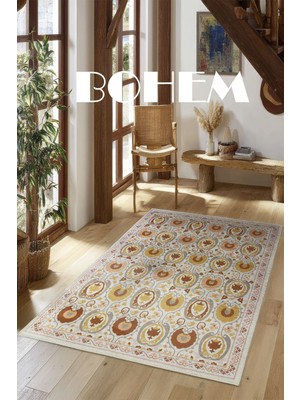 Turuncu Sarı ve Krem Tonları Etnik Desenli Otantik Dokuma Şönil Yıkanabilir Salon Halısı MARS287