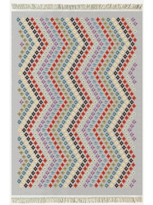Cotton Kilim 45 Gri Zeminli Geneleksel Motifler Modern Dekoratif Yıkanabilen Dokuma T Kilim