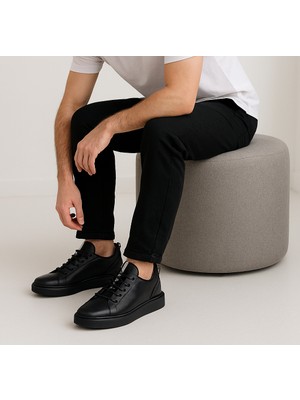 Growish GR0226 Hakiki Deri Mat Siyah Günlük Kalın Taban Bilekten Streçli Sneaker Erkek Ayakkabı