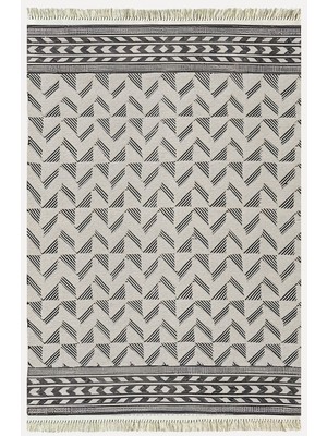 Cotton Kilim 14 Gri Zeminli Çizgili Desenli Dekoratif Yıkanabilen Dokuma Taban Kilim