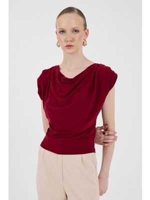 Bordo Vatkalı Degaje Yaka Bluz 2509