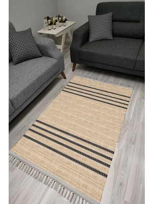 Cotton Serisi Süt Kahve ve Koyu Gri Tonlarında Ince Bordürlü Dekoratif Dokuma Taban Kilim