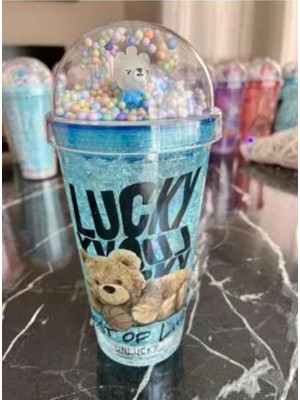 Hediyelik Işıklı Bardak Matara Pipetli Çift Katmanlı Mavi Renk