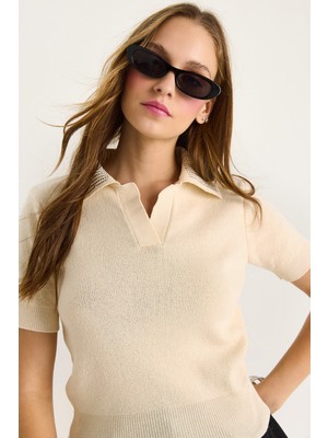 Shade Kadın Polo Yaka Taş Detaylı Yazlık Triko Bluz