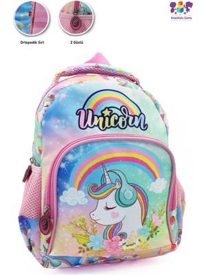 2 Gözlü Unicorn Anaokulu Çantası - Kız Çocuk Çanta Kreş Çantası - Gökkuşağı Unicorn Çanta