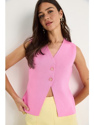 Kadın V Yaka Düğme Detaylı Triko Yelek Ty