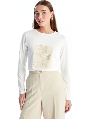Lcwaıkıkı Basic Ekru Bisiklet Yaka Baskılı Uzun Kollu Kadın Tişört