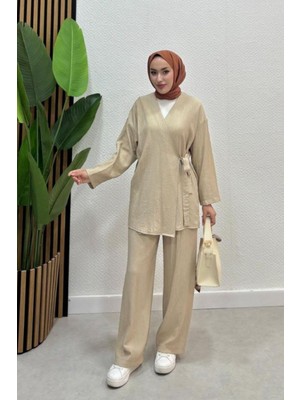 Kadın Çapraz Bağlamalı Keten Kimono Tesettür Pantolon Takım