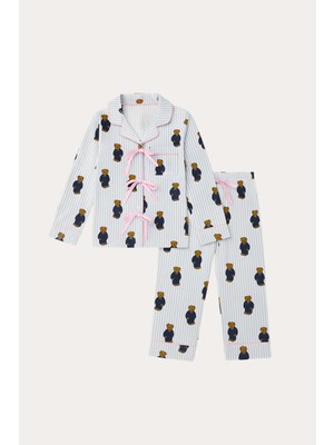 Kız Çocuk Teddy Desenli Cepli Pijama Takımı Mavi