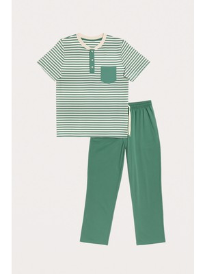 Erkek Çizgili Cepli Pijama Takımı Yeşil
