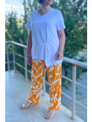 Büyük Beden Bahar Takım Beyaz-Turuncu