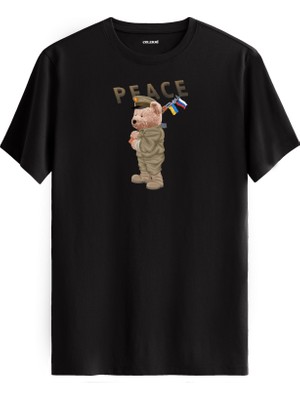 Asker Ayıcık Peace Baskılı Uniseks Tişört - %100 Pamuk Tasarım T-Shirt