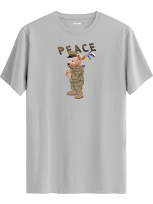 Asker Ayıcık Peace Baskılı Uniseks Tişört - %100 Pamuk Tasarım T-Shirt