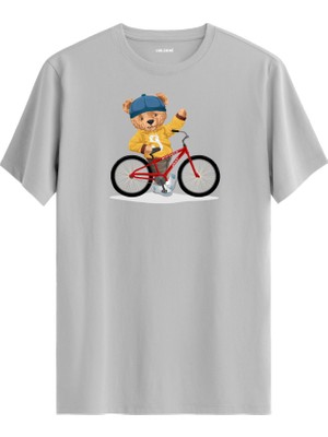 Bisikletli Ayıcık Baskılı Uniseks Tişört - %100 Pamuk Premium Kumaş Regular Tasarım T-Shirt
