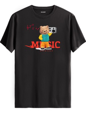 Müzik Tutkunu Ayıcık Baskılı Tişört - %100 Pamuk Premium Kumaş Müzik Temalı Ayıcık Tasarım T-Shirt