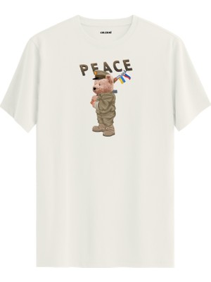 Asker Ayıcık Peace Baskılı Uniseks Tişört - %100 Pamuk Tasarım T-Shirt