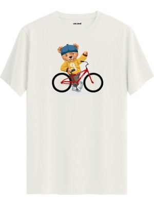 Bisikletli Ayıcık Baskılı Uniseks Tişört - %100 Pamuk Premium Kumaş Regular Tasarım T-Shirt