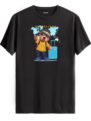 Seyahat Temalı Ayıcık Baskılı Tişört - %100 Pamuk Premium Kumaş  Gezi Tutkunu Ayıcık Tasarım T-Shirt