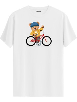 Bisikletli Ayıcık Baskılı Uniseks Tişört - %100 Pamuk Premium Kumaş Regular Tasarım T-Shirt