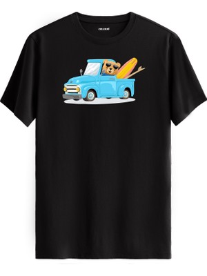 Kamyonetli Ayıcık Baskılı Uniseks Tişört - %100 Pamuk Premium Kumaş Regular Tasarım T-Shirt