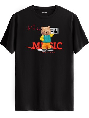 Müzik Tutkunu Ayıcık Baskılı Tişört - %100 Pamuk Premium Kumaş Müzik Temalı Ayıcık Tasarım T-Shirt