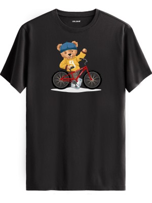 Bisikletli Ayıcık Baskılı Uniseks Tişört - %100 Pamuk Premium Kumaş Regular Tasarım T-Shirt