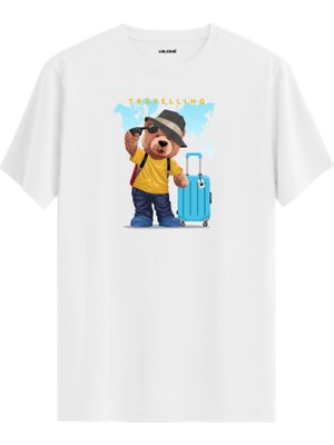 Seyahat Temalı Ayıcık Baskılı Tişört - %100 Pamuk Premium Kumaş  Gezi Tutkunu Ayıcık Tasarım T-Shirt