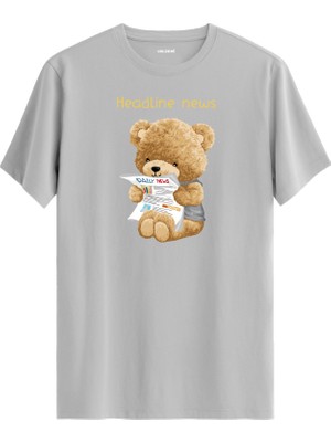 Headline News Gazete Okuyan Ayıcık Baskılı Tişört - %100 Pamuk Tasarım T-Shirt