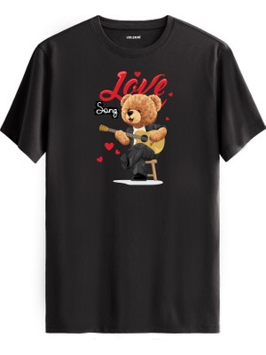 Love Song Gitar Çalan Ayıcık Baskılı Tişört - %100 Pamuk Tasarım T-Shirt