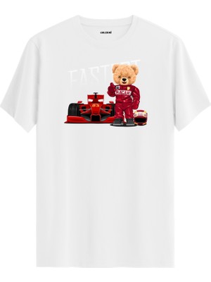 Formula Yarışçı Ayıcık Baskılı Tişört - %100 Pamuk Hız Temalı Tasarım T-Shirt