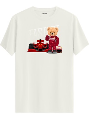 Formula Yarışçı Ayıcık Baskılı Tişört - %100 Pamuk Hız Temalı Tasarım T-Shirt
