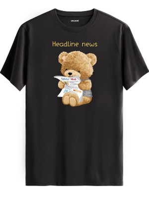 Headline News Gazete Okuyan Ayıcık Baskılı Tişört - %100 Pamuk Tasarım T-Shirt