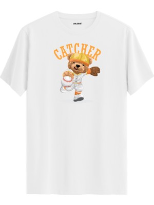 Beyzbolcu Ayıcık Baskılı Tişört - %100 Pamuk Premium Kumaş Catcher Tasarım T-Shirt