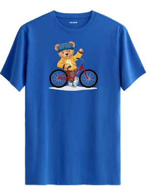 Bisikletli Ayıcık Baskılı Uniseks Tişört - %100 Pamuk Premium Kumaş Regular Tasarım T-Shirt