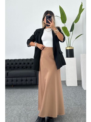 Şık Saten Kumaş Beli Lastikli Uzun Çan Etek